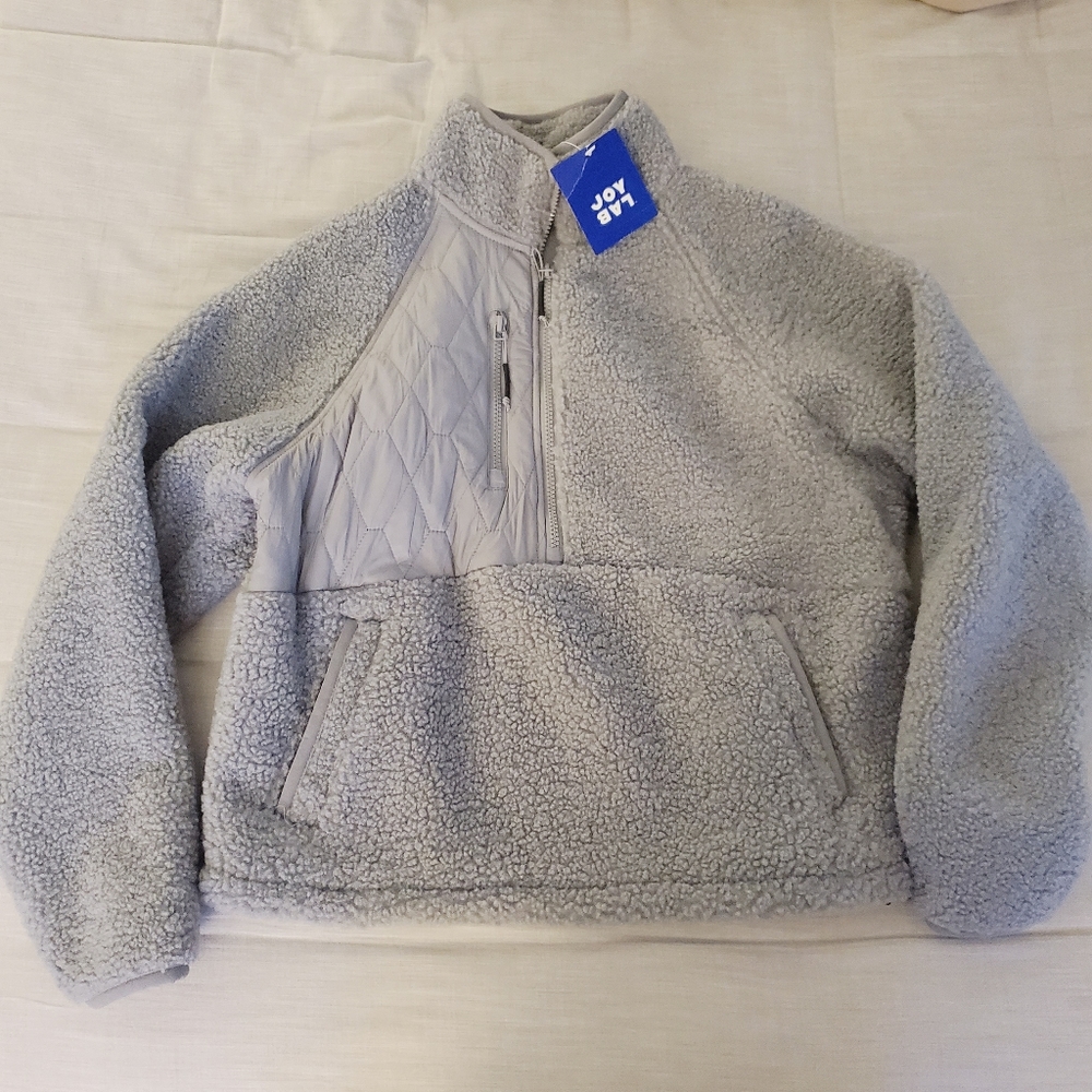 New JoyLab Gray Half Zip Pullover Sherpa Fleece Jacket Small